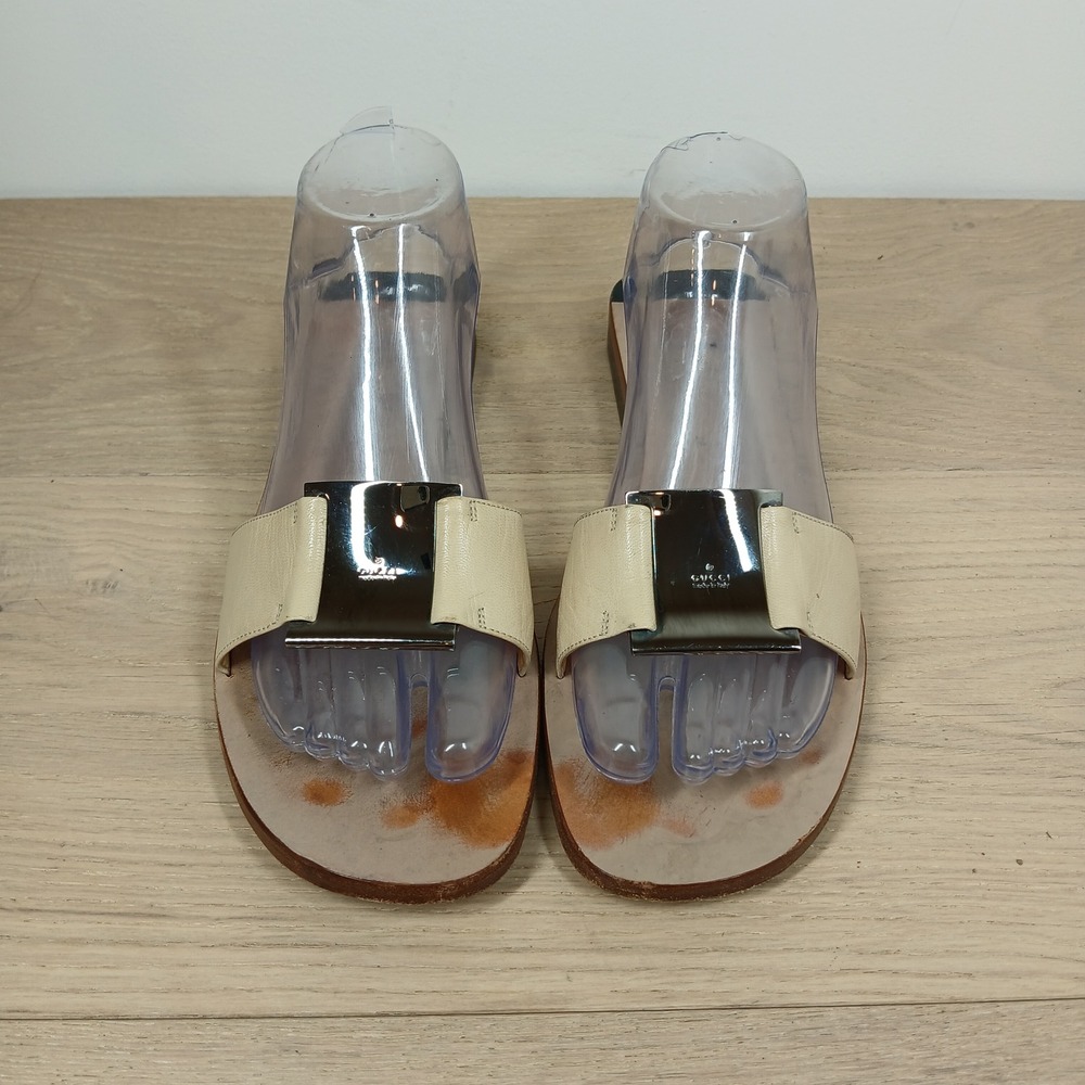 Gucci Sandals Womens 8 Ivory Leather Slide Wooden Flat Horsebit Italy